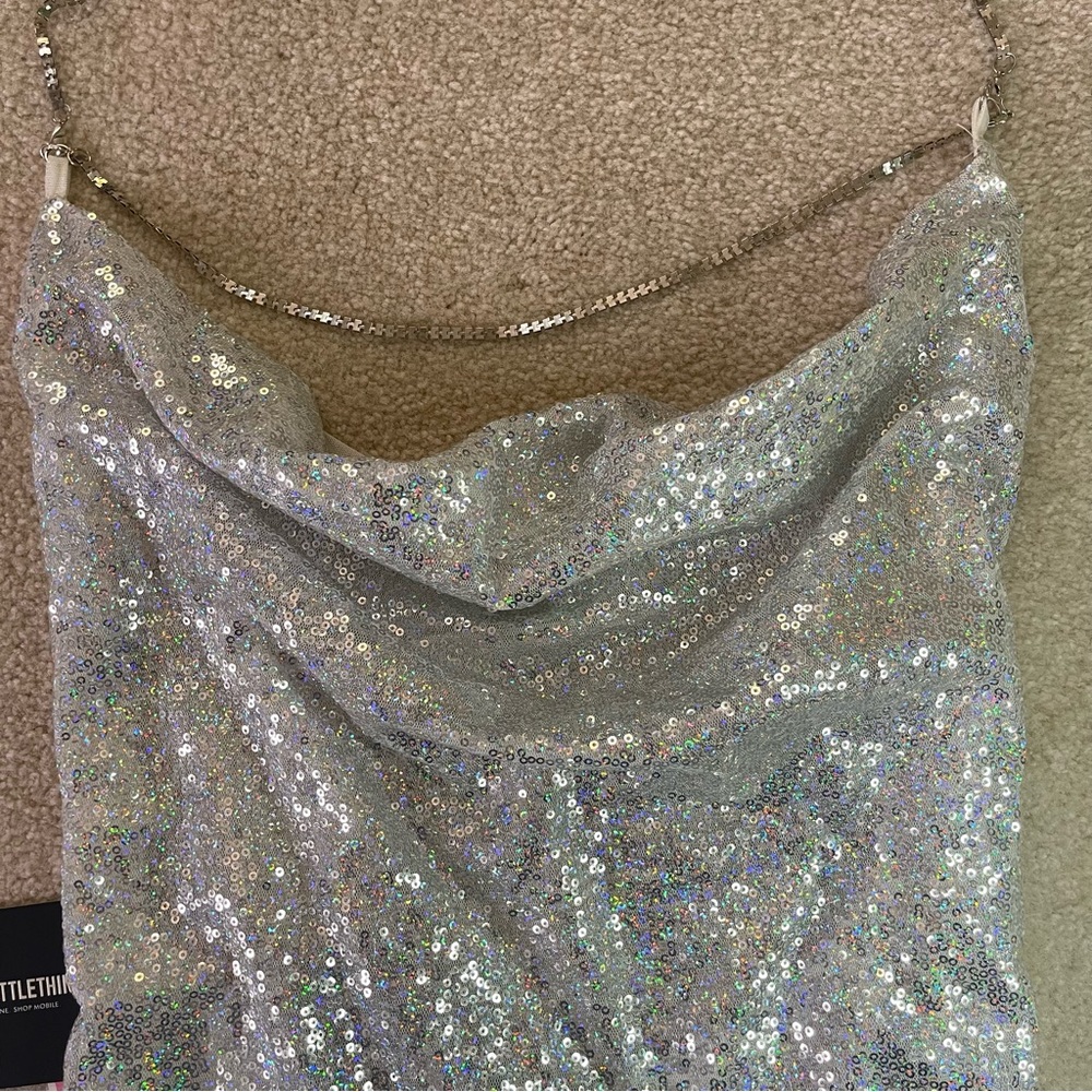 NWT pretty little thing Tarria Silver Sequin Chain Choker Mini Dress - Picture 10 of 11